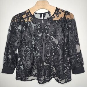Torrid Sheer Mesh Blouse With Embroidery Long Sleeve Black Top Size‎ 3X NWT